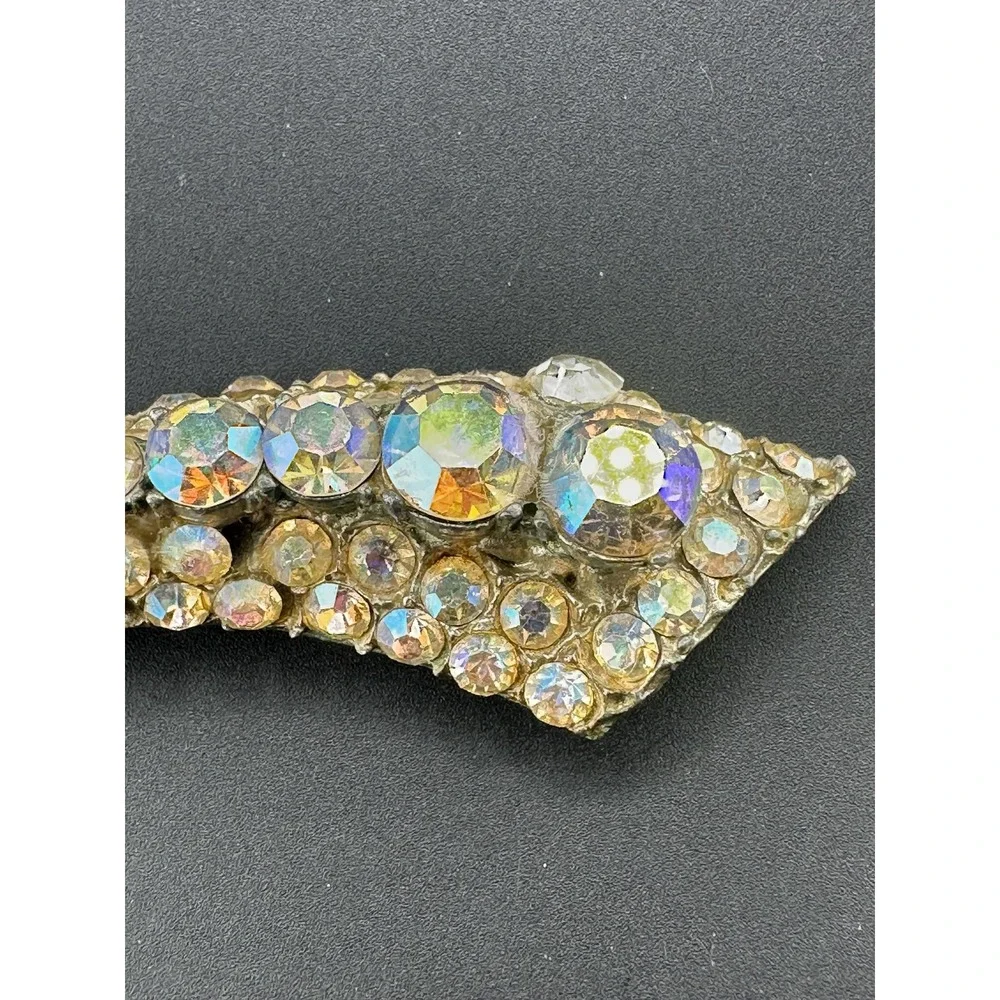 VTG 30s 40s Aurora Borealis Rhinestone Crescent Brooch Crystal Pot Metal Pin